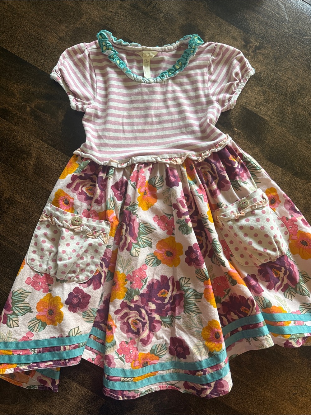 Matilda Jane Pink Striped Top with Floral Skirt and Teal Trim